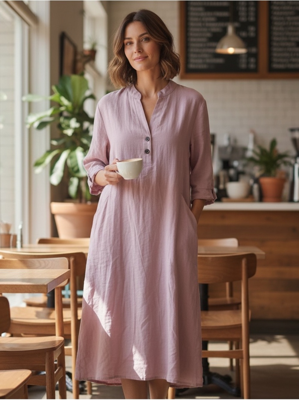 Women's Relaxed Pink Midi Shirt Dress